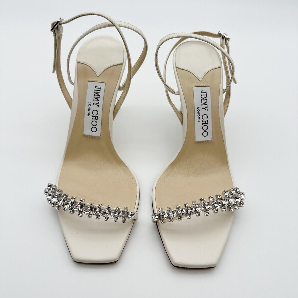 Jimmy Choo Crystal Sandal Meira Ivory Bridal Leather Embellished Heel Size 37